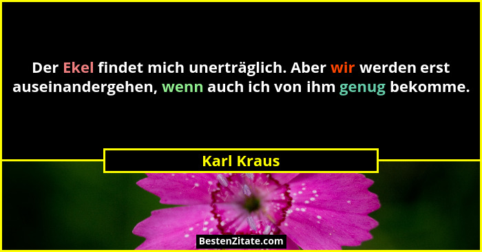 Der Ekel findet mich unerträglich. Aber wir werden erst auseinandergehen, wenn auch ich von ihm genug bekomme.... - Karl Kraus