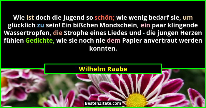 Wie ist doch die Jugend so schön; wie wenig bedarf sie, um glücklich zu sein! Ein bißchen Mondschein, ein paar klingende Wassertropfen... - Wilhelm Raabe