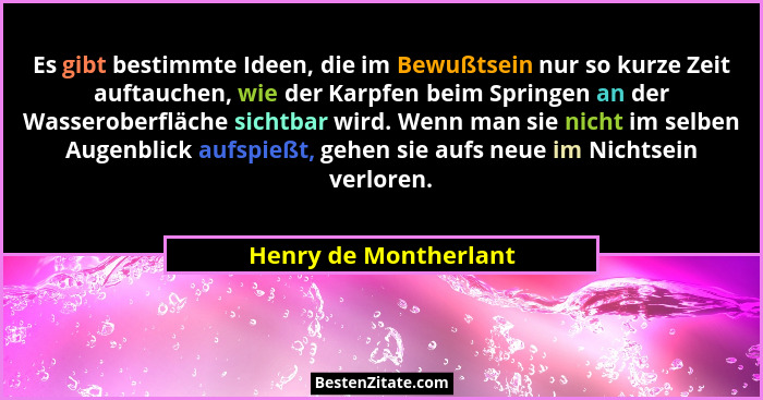 Es gibt bestimmte Ideen, die im Bewußtsein nur so kurze Zeit auftauchen, wie der Karpfen beim Springen an der Wasseroberfläche... - Henry de Montherlant