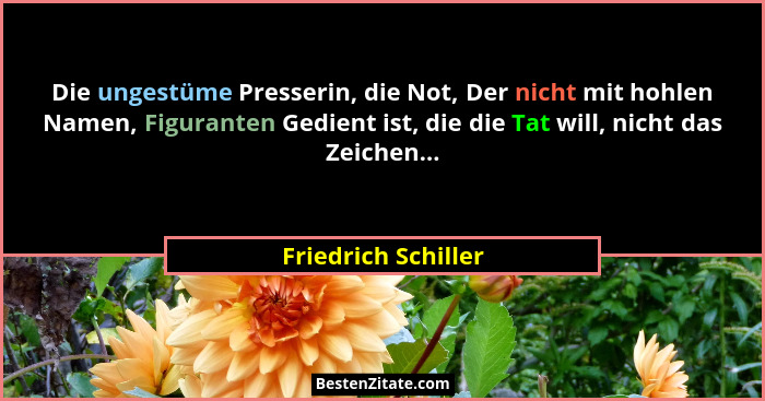 Die ungestüme Presserin, die Not, Der nicht mit hohlen Namen, Figuranten Gedient ist, die die Tat will, nicht das Zeichen...... - Friedrich Schiller