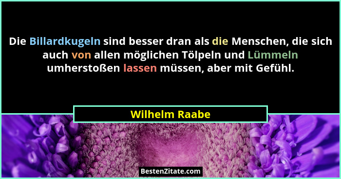 Die Billardkugeln sind besser dran als die Menschen, die sich auch von allen möglichen Tölpeln und Lümmeln umherstoßen lassen müssen,... - Wilhelm Raabe