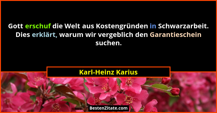 Gott erschuf die Welt aus Kostengründen in Schwarzarbeit. Dies erklärt, warum wir vergeblich den Garantieschein suchen.... - Karl-Heinz Karius