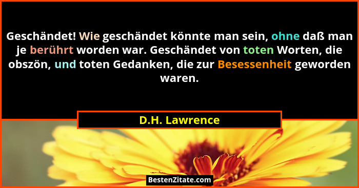 Geschändet! Wie geschändet könnte man sein, ohne daß man je berührt worden war. Geschändet von toten Worten, die obszön, und toten Ged... - D.H. Lawrence
