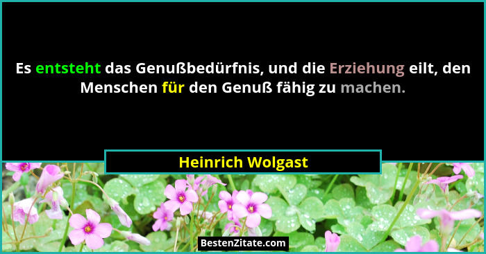 Es entsteht das Genußbedürfnis, und die Erziehung eilt, den Menschen für den Genuß fähig zu machen.... - Heinrich Wolgast