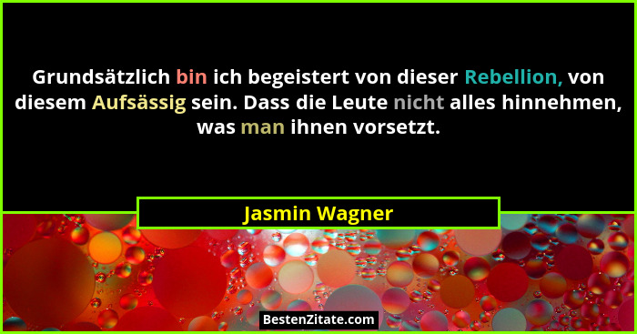 Grundsätzlich bin ich begeistert von dieser Rebellion, von diesem Aufsässig sein. Dass die Leute nicht alles hinnehmen, was man ihnen... - Jasmin Wagner