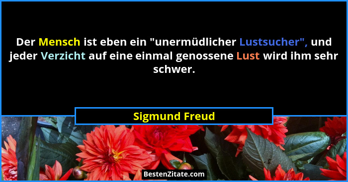 Der Mensch ist eben ein "unermüdlicher Lustsucher", und jeder Verzicht auf eine einmal genossene Lust wird ihm sehr schwer.... - Sigmund Freud