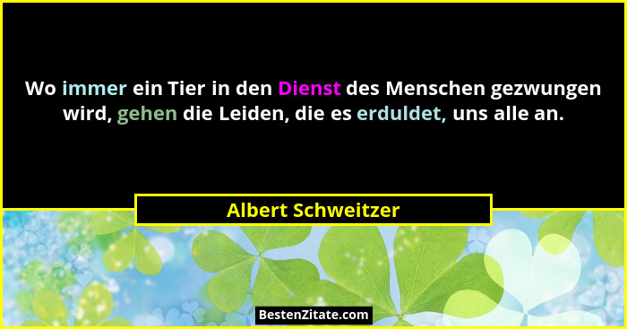 Wo immer ein Tier in den Dienst des Menschen gezwungen wird, gehen die Leiden, die es erduldet, uns alle an.... - Albert Schweitzer