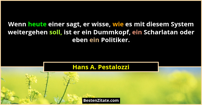 Wenn heute einer sagt, er wisse, wie es mit diesem System weitergehen soll, ist er ein Dummkopf, ein Scharlatan oder eben ein Pol... - Hans A. Pestalozzi