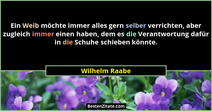 Ein Weib möchte immer alles gern selber verrichten, aber zugleich immer einen haben, dem es die Verantwortung dafür in die Schuhe schi... - Wilhelm Raabe