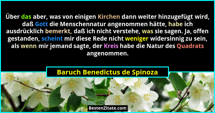 Über das aber, was von einigen Kirchen dann weiter hinzugefügt wird, daß Gott die Menschennatur angenommen hätte, habe... - Baruch Benedictus de Spinoza