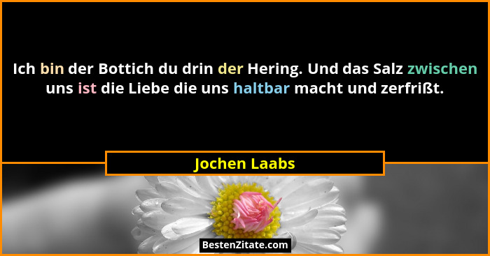 Ich bin der Bottich du drin der Hering. Und das Salz zwischen uns ist die Liebe die uns haltbar macht und zerfrißt.... - Jochen Laabs