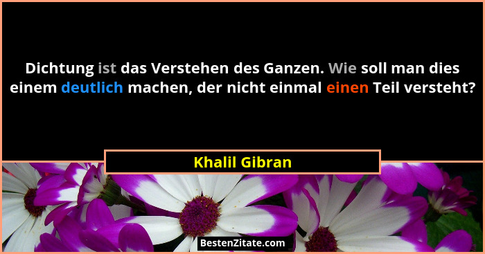 Dichtung ist das Verstehen des Ganzen. Wie soll man dies einem deutlich machen, der nicht einmal einen Teil versteht?... - Khalil Gibran
