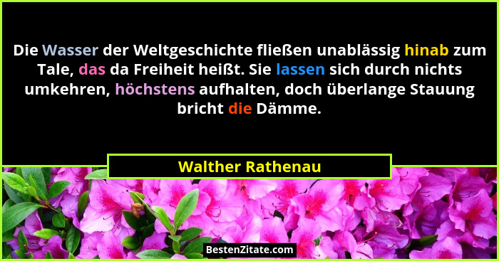 Die Wasser der Weltgeschichte fließen unablässig hinab zum Tale, das da Freiheit heißt. Sie lassen sich durch nichts umkehren, höch... - Walther Rathenau