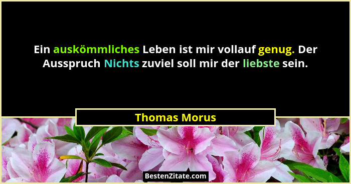 Ein auskömmliches Leben ist mir vollauf genug. Der Ausspruch Nichts zuviel soll mir der liebste sein.... - Thomas Morus