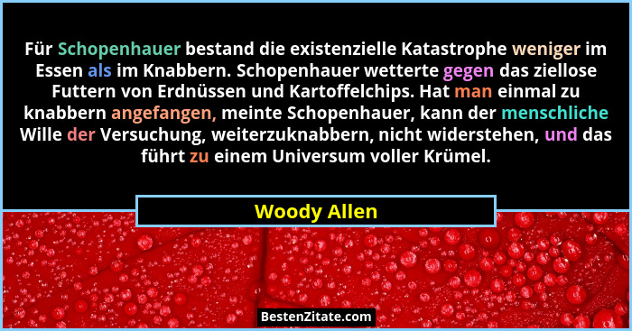Für Schopenhauer bestand die existenzielle Katastrophe weniger im Essen als im Knabbern. Schopenhauer wetterte gegen das ziellose Futter... - Woody Allen