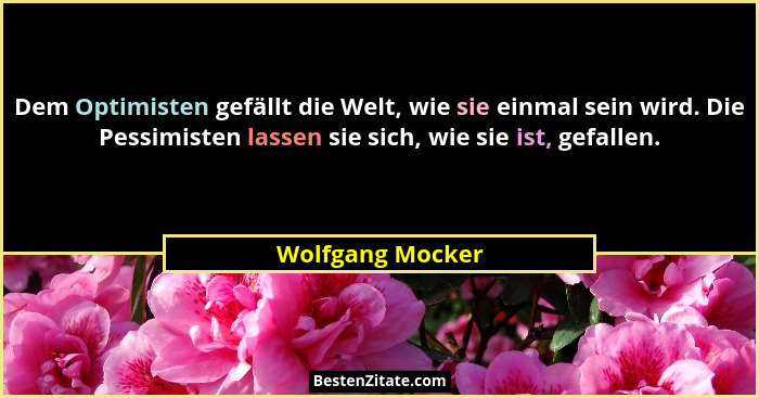 Dem Optimisten gefällt die Welt, wie sie einmal sein wird. Die Pessimisten lassen sie sich, wie sie ist, gefallen.... - Wolfgang Mocker