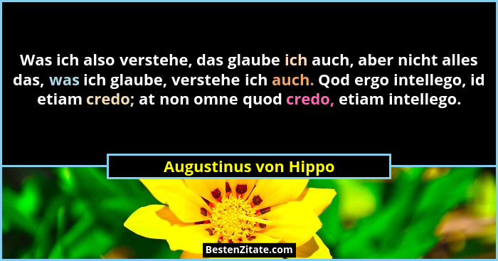 Was ich also verstehe, das glaube ich auch, aber nicht alles das, was ich glaube, verstehe ich auch. Qod ergo intellego, id eti... - Augustinus von Hippo