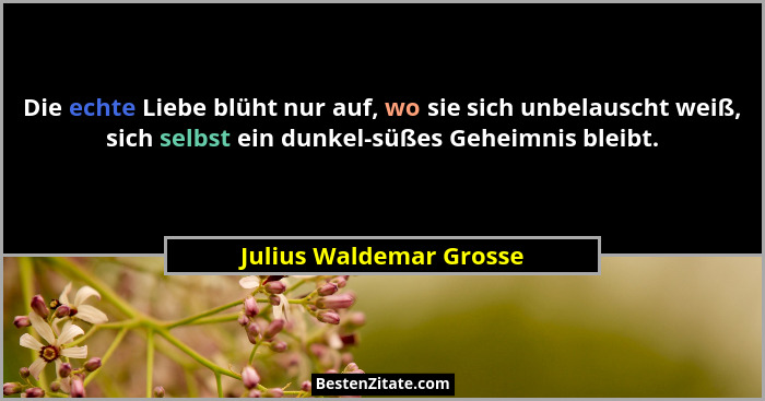 Die echte Liebe blüht nur auf, wo sie sich unbelauscht weiß, sich selbst ein dunkel-süßes Geheimnis bleibt.... - Julius Waldemar Grosse
