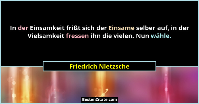 In der Einsamkeit frißt sich der Einsame selber auf, in der Vielsamkeit fressen ihn die vielen. Nun wähle.... - Friedrich Nietzsche