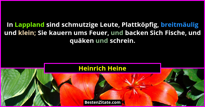 In Lappland sind schmutzige Leute, Plattköpfig, breitmäulig und klein; Sie kauern ums Feuer, und backen Sich Fische, und quäken und s... - Heinrich Heine