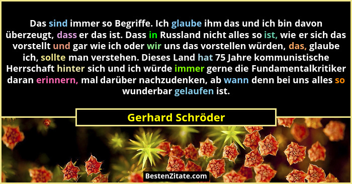 Das sind immer so Begriffe. Ich glaube ihm das und ich bin davon überzeugt, dass er das ist. Dass in Russland nicht alles so ist, w... - Gerhard Schröder
