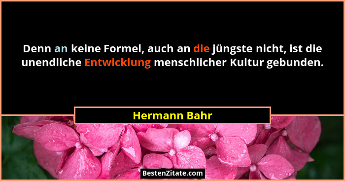 Denn an keine Formel, auch an die jüngste nicht, ist die unendliche Entwicklung menschlicher Kultur gebunden.... - Hermann Bahr