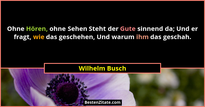 Ohne Hören, ohne Sehen Steht der Gute sinnend da; Und er fragt, wie das geschehen, Und warum ihm das geschah.... - Wilhelm Busch