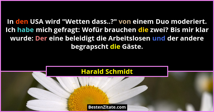 In den USA wird "Wetten dass..?" von einem Duo moderiert. Ich habe mich gefragt: Wofür brauchen die zwei? Bis mir klar wurde:... - Harald Schmidt