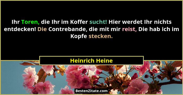 Ihr Toren, die Ihr im Koffer sucht! Hier werdet Ihr nichts entdecken! Die Contrebande, die mit mir reist, Die hab ich im Kopfe stecke... - Heinrich Heine