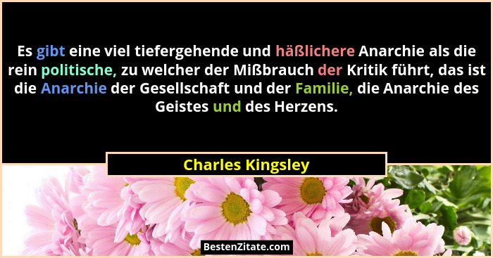 Es gibt eine viel tiefergehende und häßlichere Anarchie als die rein politische, zu welcher der Mißbrauch der Kritik führt, das ist... - Charles Kingsley