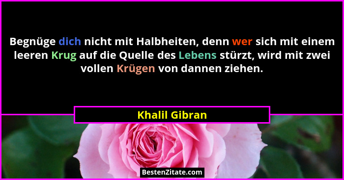 Begnüge dich nicht mit Halbheiten, denn wer sich mit einem leeren Krug auf die Quelle des Lebens stürzt, wird mit zwei vollen Krügen v... - Khalil Gibran