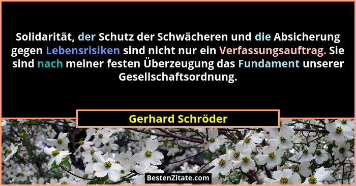 Solidarität, der Schutz der Schwächeren und die Absicherung gegen Lebensrisiken sind nicht nur ein Verfassungsauftrag. Sie sind nac... - Gerhard Schröder