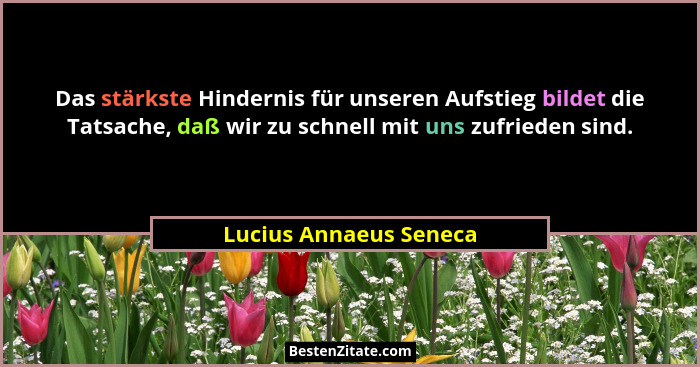 Das stärkste Hindernis für unseren Aufstieg bildet die Tatsache, daß wir zu schnell mit uns zufrieden sind.... - Lucius Annaeus Seneca