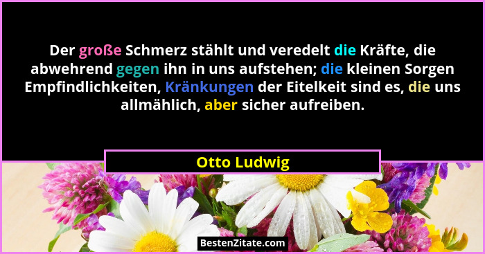 Der große Schmerz stählt und veredelt die Kräfte, die abwehrend gegen ihn in uns aufstehen; die kleinen Sorgen Empfindlichkeiten, Kränku... - Otto Ludwig