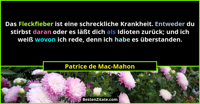 Das Fleckfieber ist eine schreckliche Krankheit. Entweder du stirbst daran oder es läßt dich als Idioten zurück; und ich weiß w... - Patrice de Mac-Mahon