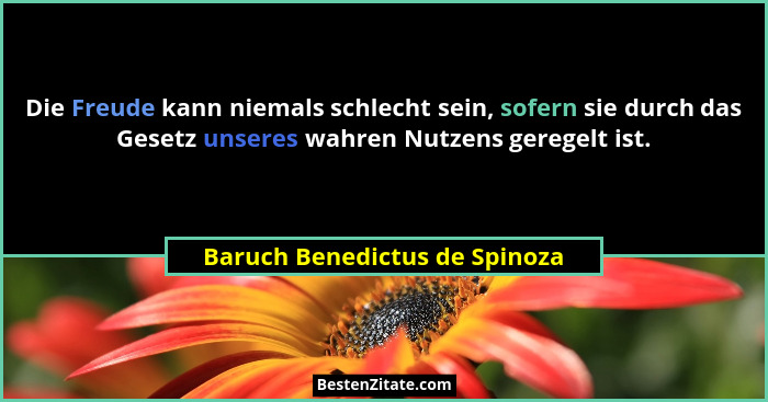 Die Freude kann niemals schlecht sein, sofern sie durch das Gesetz unseres wahren Nutzens geregelt ist.... - Baruch Benedictus de Spinoza