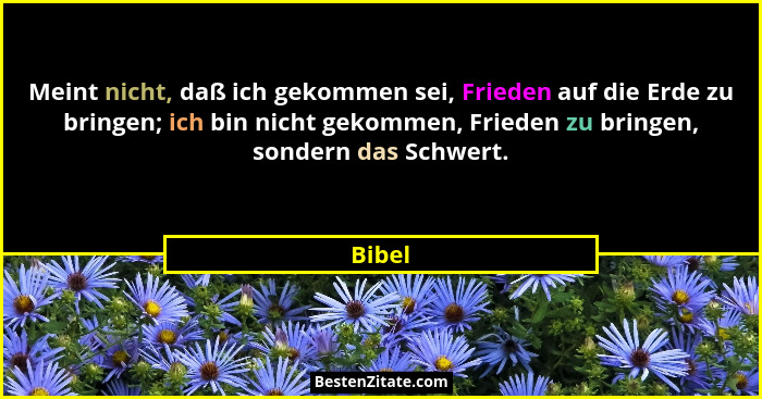 Meint nicht, daß ich gekommen sei, Frieden auf die Erde zu bringen; ich bin nicht gekommen, Frieden zu bringen, sondern das Schwert.... - Bibel