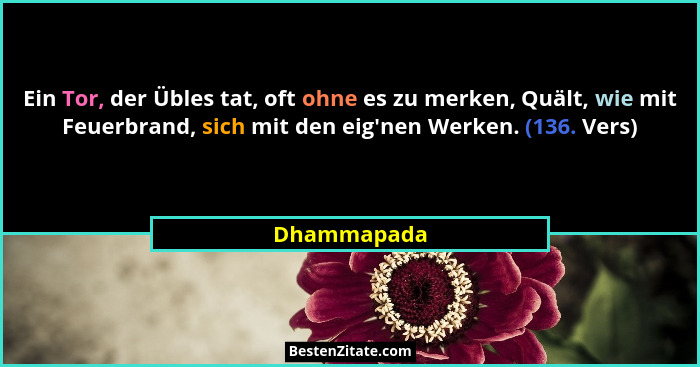 Ein Tor, der Übles tat, oft ohne es zu merken, Quält, wie mit Feuerbrand, sich mit den eig'nen Werken. (136. Vers)... - Dhammapada