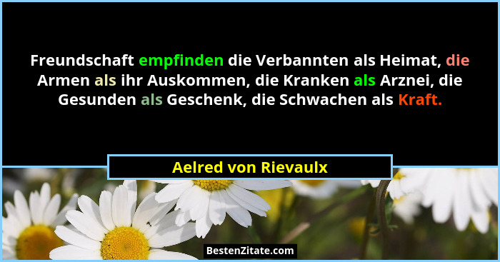 Freundschaft empfinden die Verbannten als Heimat, die Armen als ihr Auskommen, die Kranken als Arznei, die Gesunden als Geschenk... - Aelred von Rievaulx