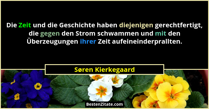 Die Zeit und die Geschichte haben diejenigen gerechtfertigt, die gegen den Strom schwammen und mit den Überzeugungen ihrer Zeit au... - Søren Kierkegaard