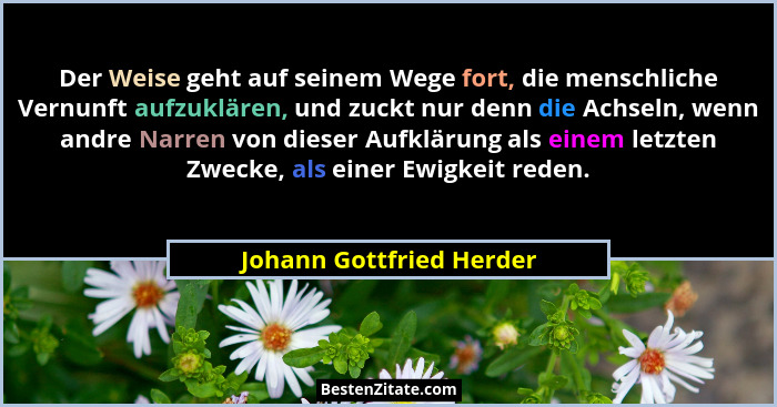 Der Weise geht auf seinem Wege fort, die menschliche Vernunft aufzuklären, und zuckt nur denn die Achseln, wenn andre Narren... - Johann Gottfried Herder