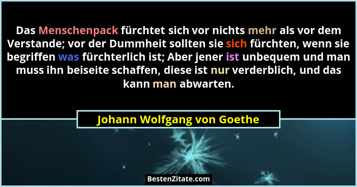 Das Menschenpack fürchtet sich vor nichts mehr als vor dem Verstande; vor der Dummheit sollten sie sich fürchten, wenn si... - Johann Wolfgang von Goethe