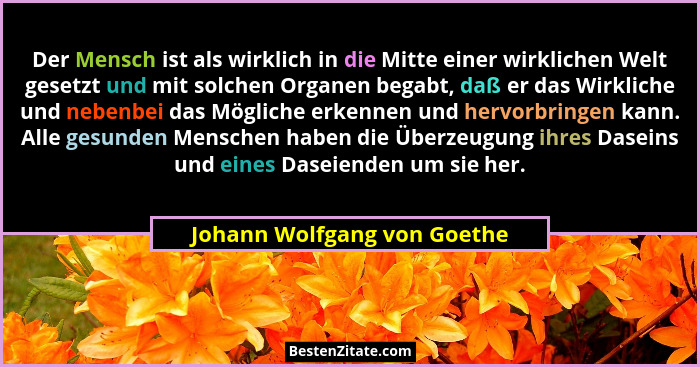 Der Mensch ist als wirklich in die Mitte einer wirklichen Welt gesetzt und mit solchen Organen begabt, daß er das Wirklic... - Johann Wolfgang von Goethe