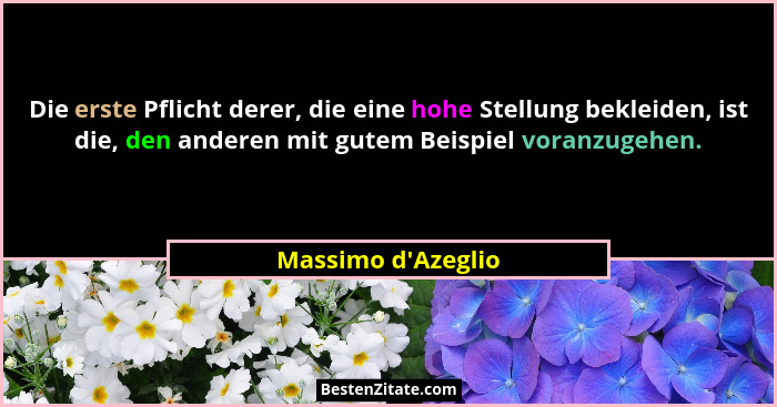 Die erste Pflicht derer, die eine hohe Stellung bekleiden, ist die, den anderen mit gutem Beispiel voranzugehen.... - Massimo d'Azeglio
