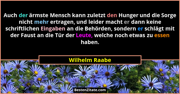 Auch der ärmste Mensch kann zuletzt den Hunger und die Sorge nicht mehr ertragen, und leider macht er dann keine schriftlichen Eingabe... - Wilhelm Raabe