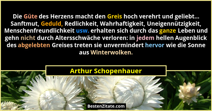 Die Güte des Herzens macht den Greis hoch verehrt und geliebt... Sanftmut, Geduld, Redlichkeit, Wahrhaftigkeit, Uneigennützigkei... - Arthur Schopenhauer