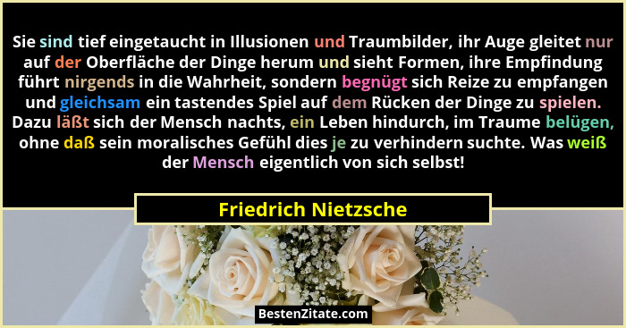 Sie sind tief eingetaucht in Illusionen und Traumbilder, ihr Auge gleitet nur auf der Oberfläche der Dinge herum und sieht Forme... - Friedrich Nietzsche