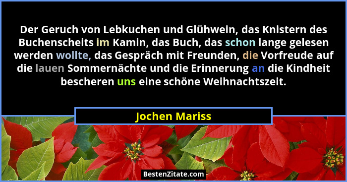 Der Geruch von Lebkuchen und Glühwein, das Knistern des Buchenscheits im Kamin, das Buch, das schon lange gelesen werden wollte, das G... - Jochen Mariss