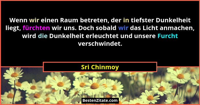 Wenn wir einen Raum betreten, der in tiefster Dunkelheit liegt, fürchten wir uns. Doch sobald wir das Licht anmachen, wird die Dunkelhei... - Sri Chinmoy