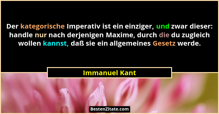 Der kategorische Imperativ ist ein einziger, und zwar dieser: handle nur nach derjenigen Maxime, durch die du zugleich wollen kannst,... - Immanuel Kant